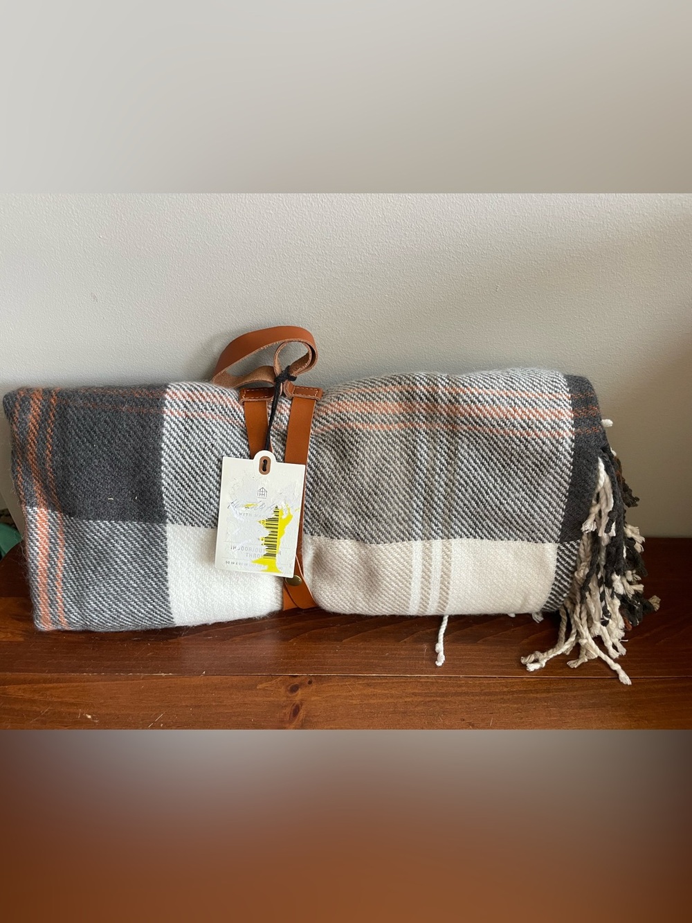 New Hearth & Hand Indoor/Outdoor Plaid Throw with Leather Strap